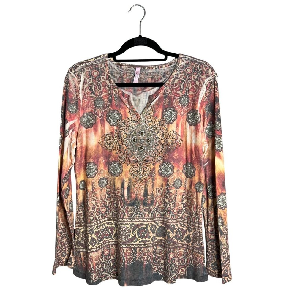 Kiara Desert Fire Ribbed Top Women's XL Y2K Embellished Long Sleeve